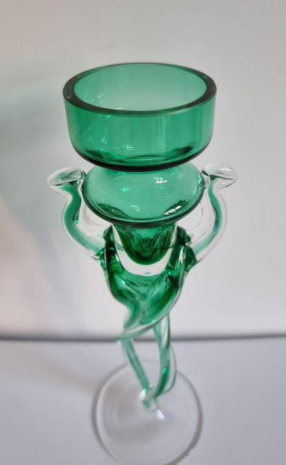 Vintage Jozefina Krosno Green/Clear Art Glass Candlestick/Tealight Holder