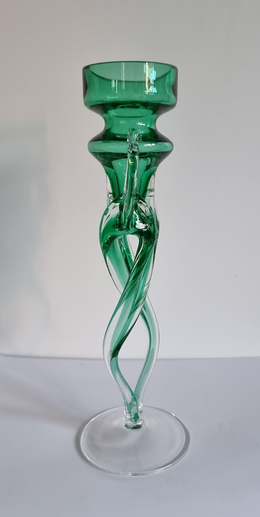 Vintage Jozefina Krosno Green/Clear Art Glass Candlestick/Tealight Holder