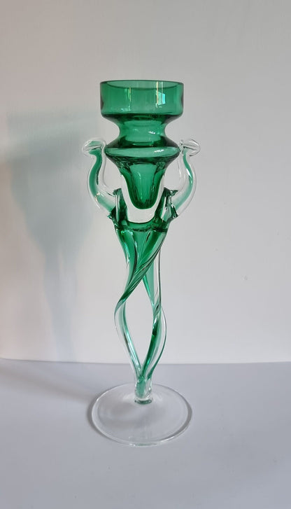 Vintage Jozefina Krosno Green/Clear Art Glass Candlestick/Tealight Holder