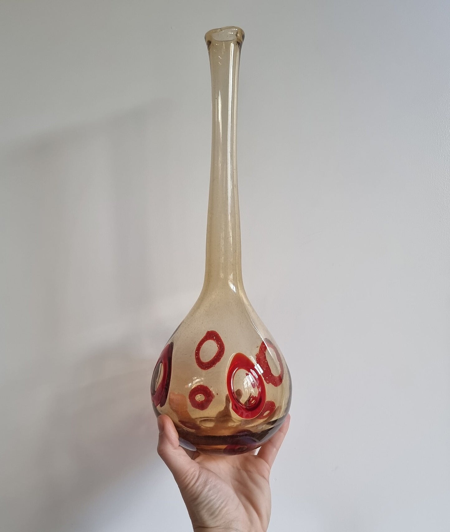 Mid-Century Hand Blown Smoked/Amber Glass Art Vase With Red Abstract Circles