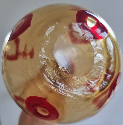 Mid-Century Hand Blown Smoked/Amber Glass Art Vase With Red Abstract Circles