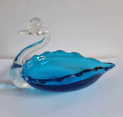 Vintage Turquoise/Clear Art Glass Swan Dish