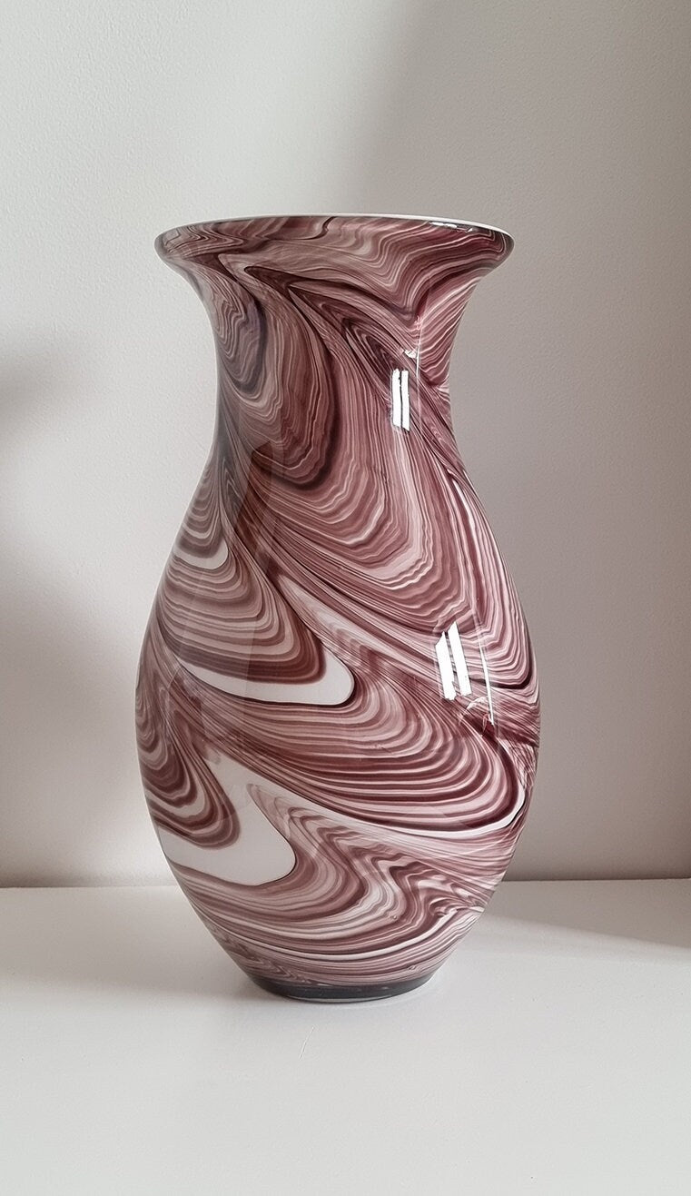 Vintage Maroon & White Wave/Marble Effect Glass Art Vase