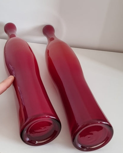 Pair Of Mid-Century Tall Cased Art Glass Bud Vases In Deep Red