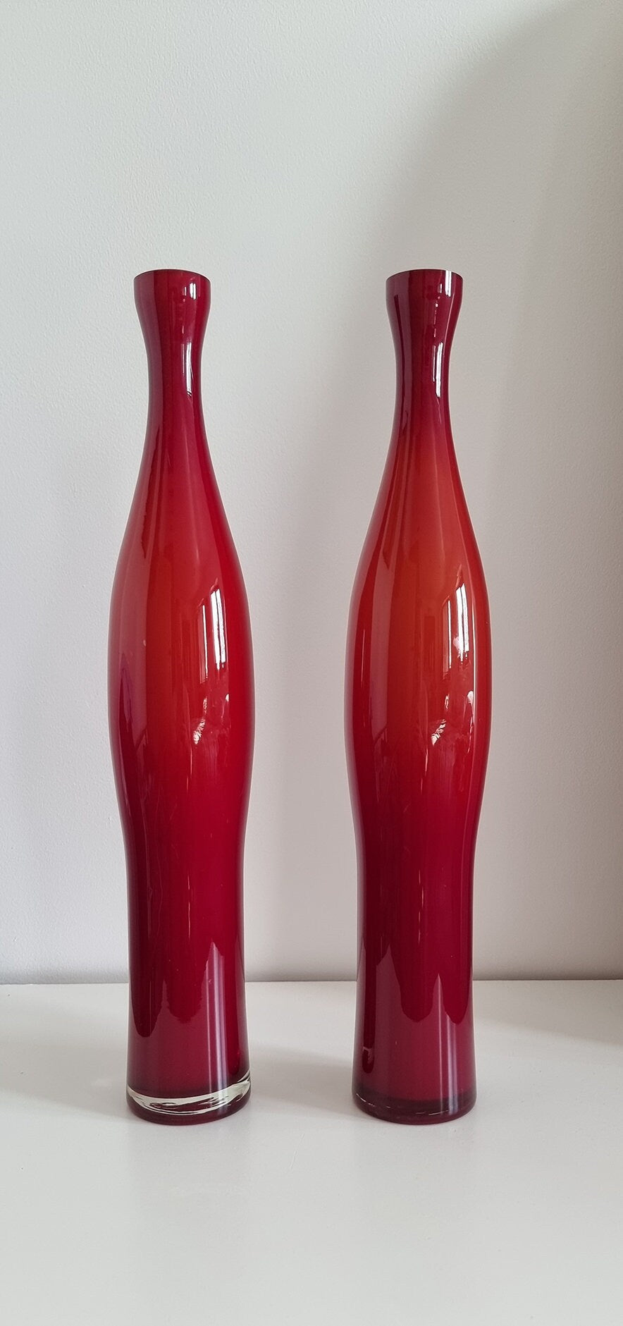 Pair Of Mid-Century Tall Cased Art Glass Bud Vases In Deep Red