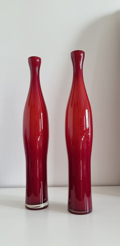 Pair Of Mid-Century Tall Cased Art Glass Bud Vases In Deep Red