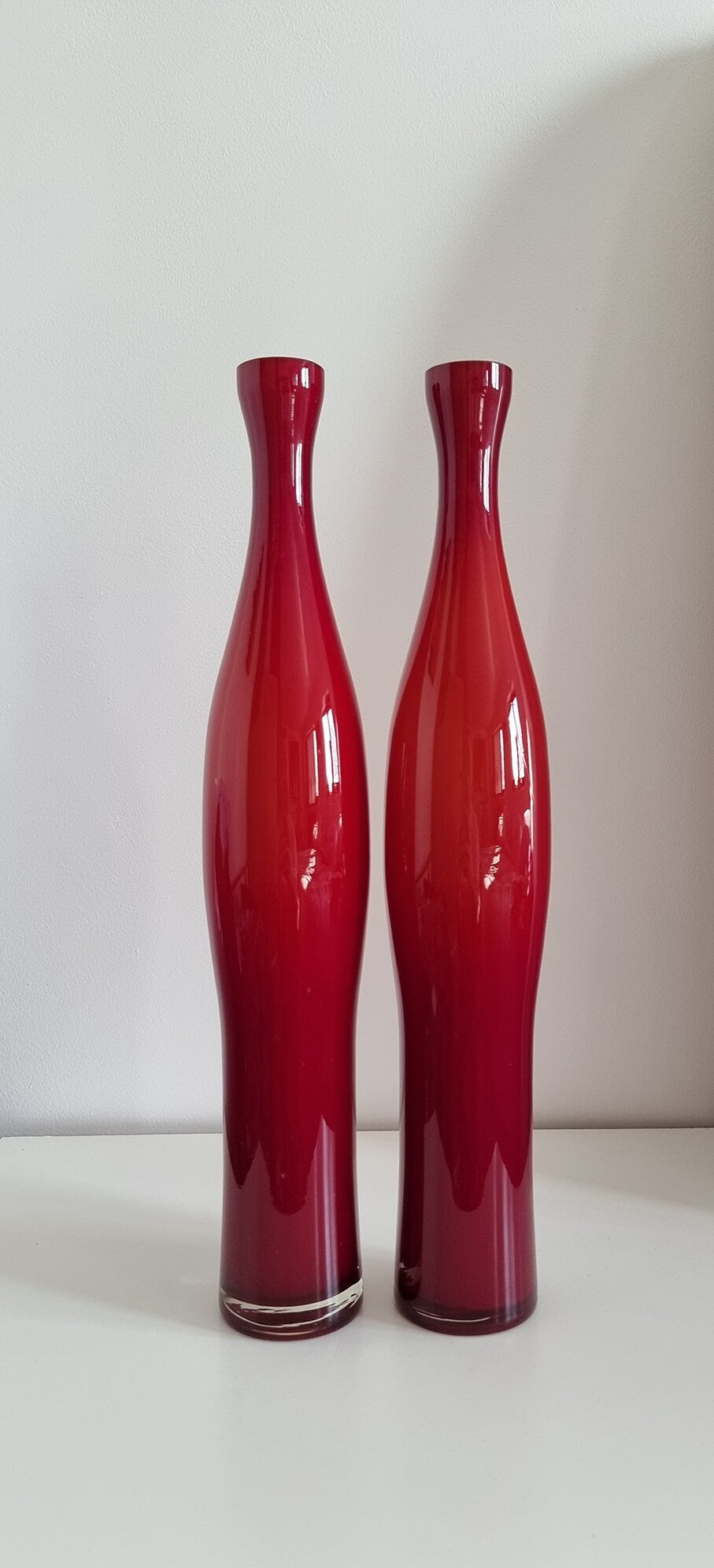 Pair Of Mid-Century Tall Cased Art Glass Bud Vases In Deep Red