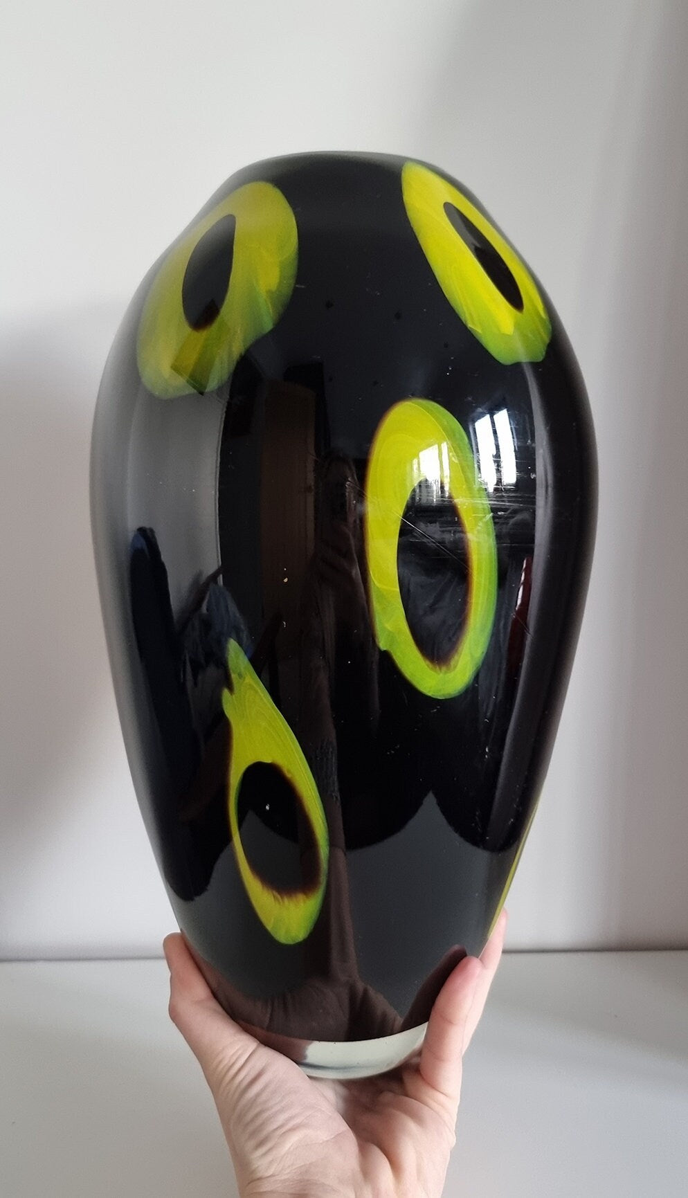 Large Vintage Black & Lime Glass Art Vase