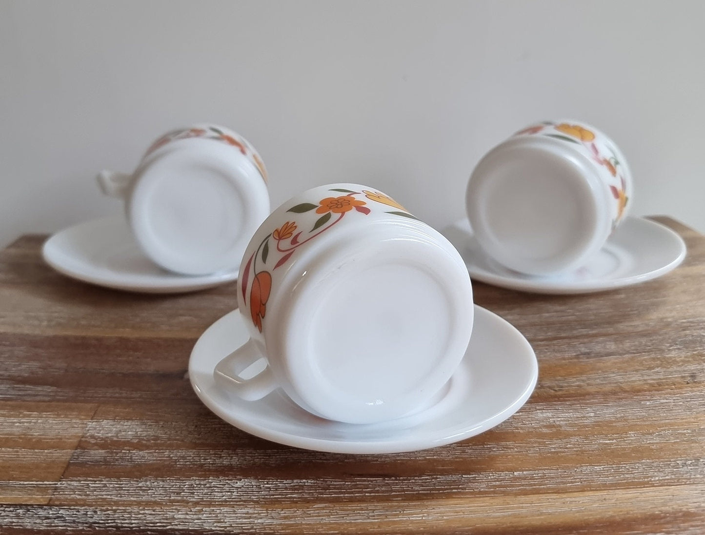 Vintage Arcopal France Floral Milk Glass Cups & Saucers