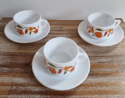 Vintage Arcopal France Floral Milk Glass Cups & Saucers