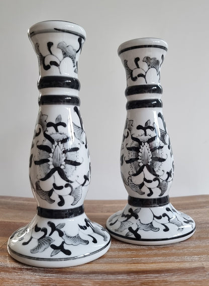 Vintage Pair Of Hand Painted Chinese Porcelain Candlestick Holders