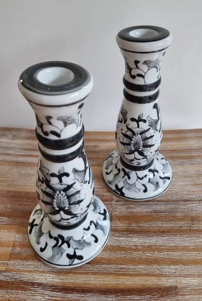 Vintage Pair Of Hand Painted Chinese Porcelain Candlestick Holders