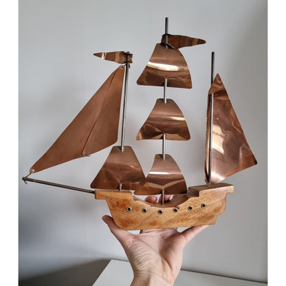 Vintage Copper & Wood Sailing Boat/Ship Sculpture