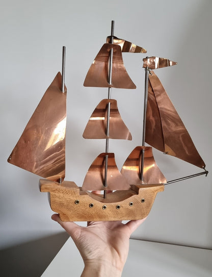 Vintage Copper & Wood Sailing Boat/Ship Sculpture