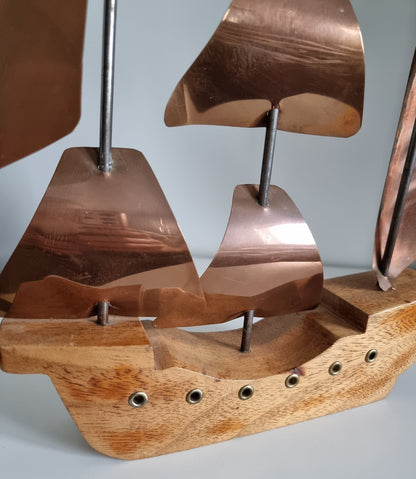 Vintage Copper & Wood Sailing Boat/Ship Sculpture