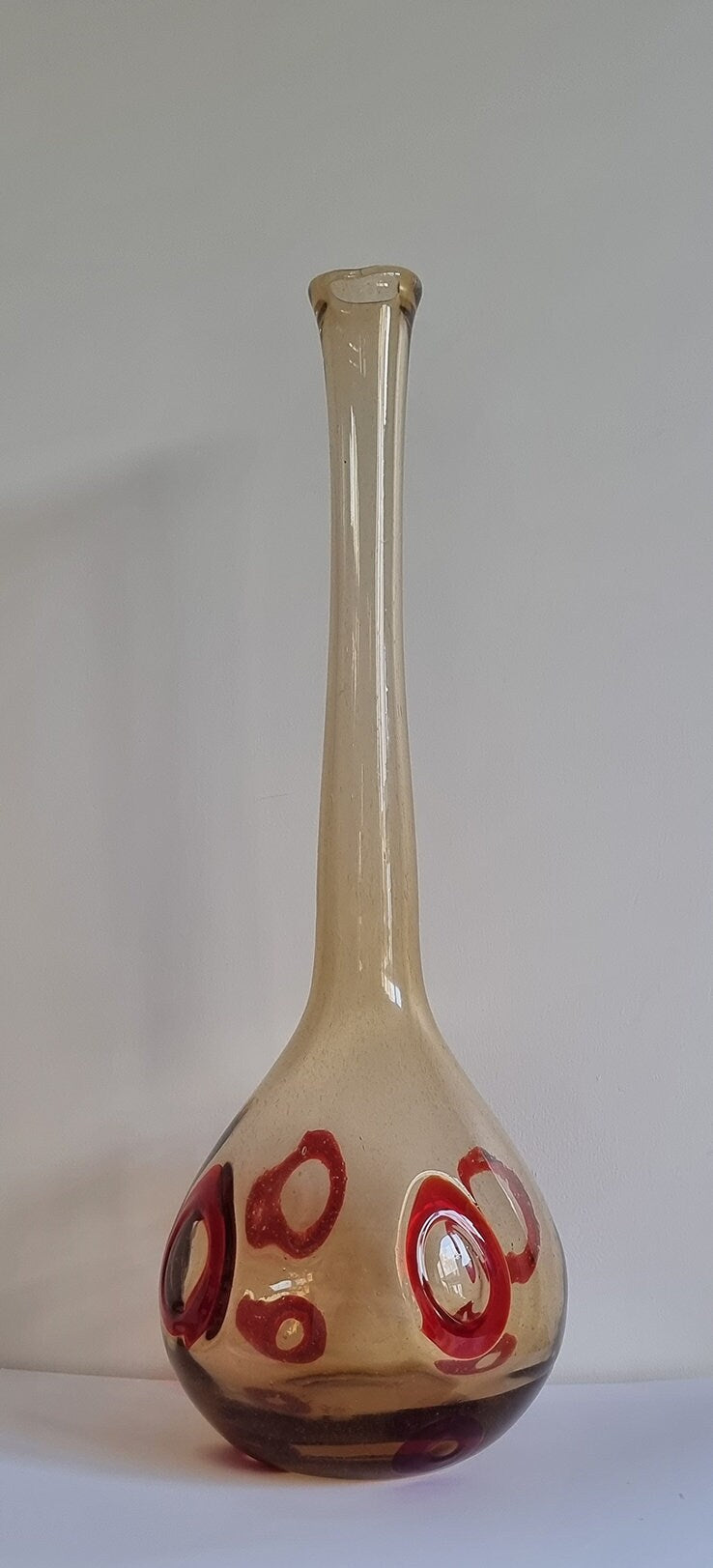 Mid-Century Hand Blown Smoked/Amber Glass Art Vase With Red Abstract Circles