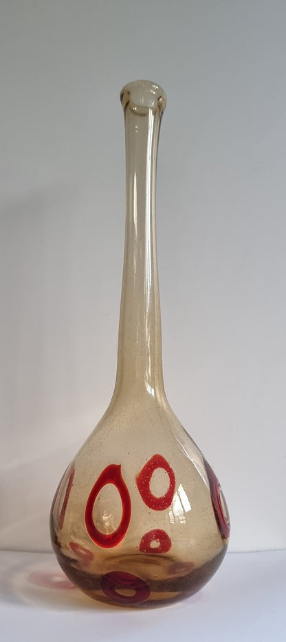 Mid-Century Hand Blown Smoked/Amber Glass Art Vase With Red Abstract Circles