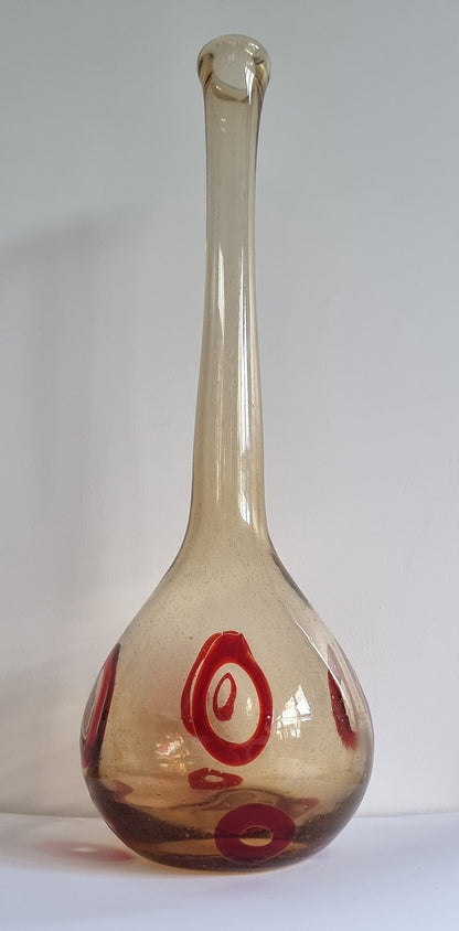 Mid-Century Hand Blown Smoked/Amber Glass Art Vase With Red Abstract Circles