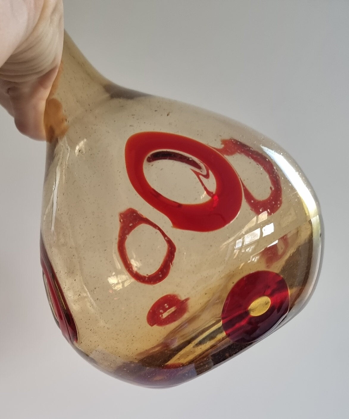 Mid-Century Hand Blown Smoked/Amber Glass Art Vase With Red Abstract Circles