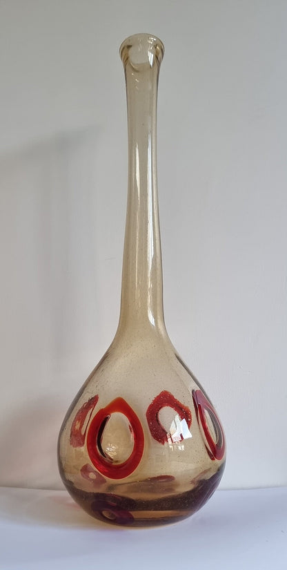 Mid-Century Hand Blown Smoked/Amber Glass Art Vase With Red Abstract Circles