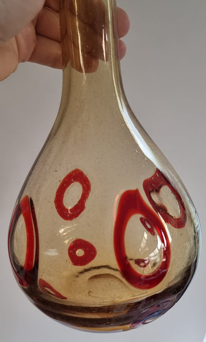 Mid-Century Hand Blown Smoked/Amber Glass Art Vase With Red Abstract Circles