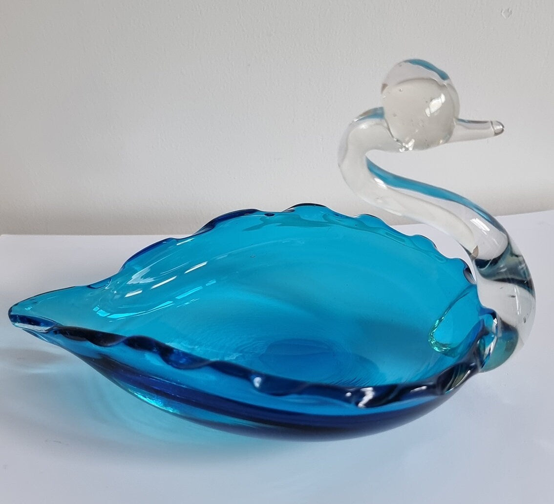 Vintage Turquoise/Clear Art Glass Swan Dish