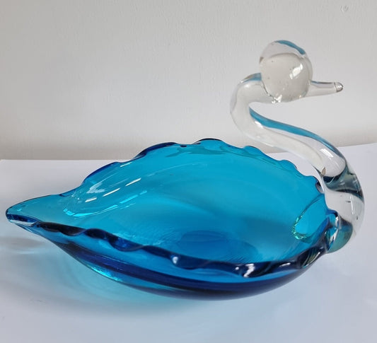 Vintage Turquoise/Clear Art Glass Swan Dish