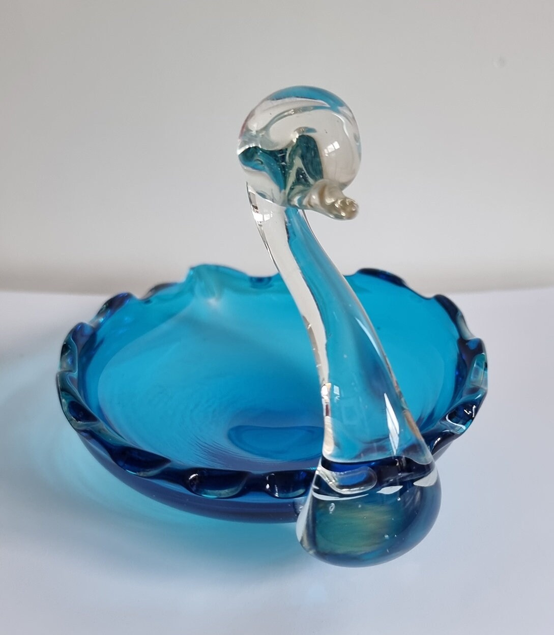 Vintage Turquoise/Clear Art Glass Swan Dish