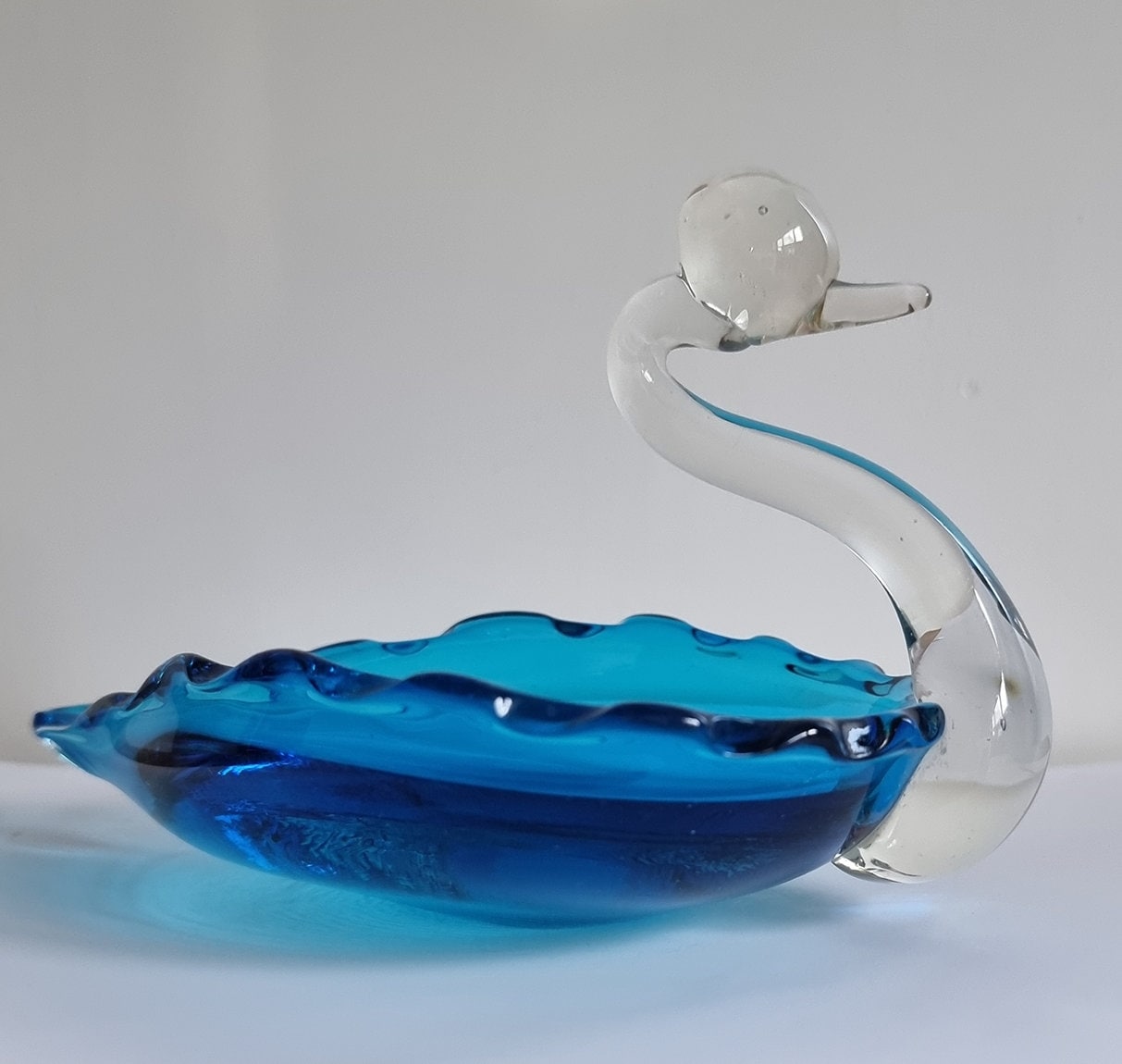 Vintage Turquoise/Clear Art Glass Swan Dish