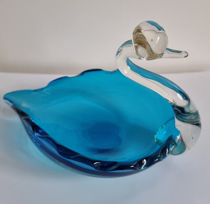 Vintage Turquoise/Clear Art Glass Swan Dish