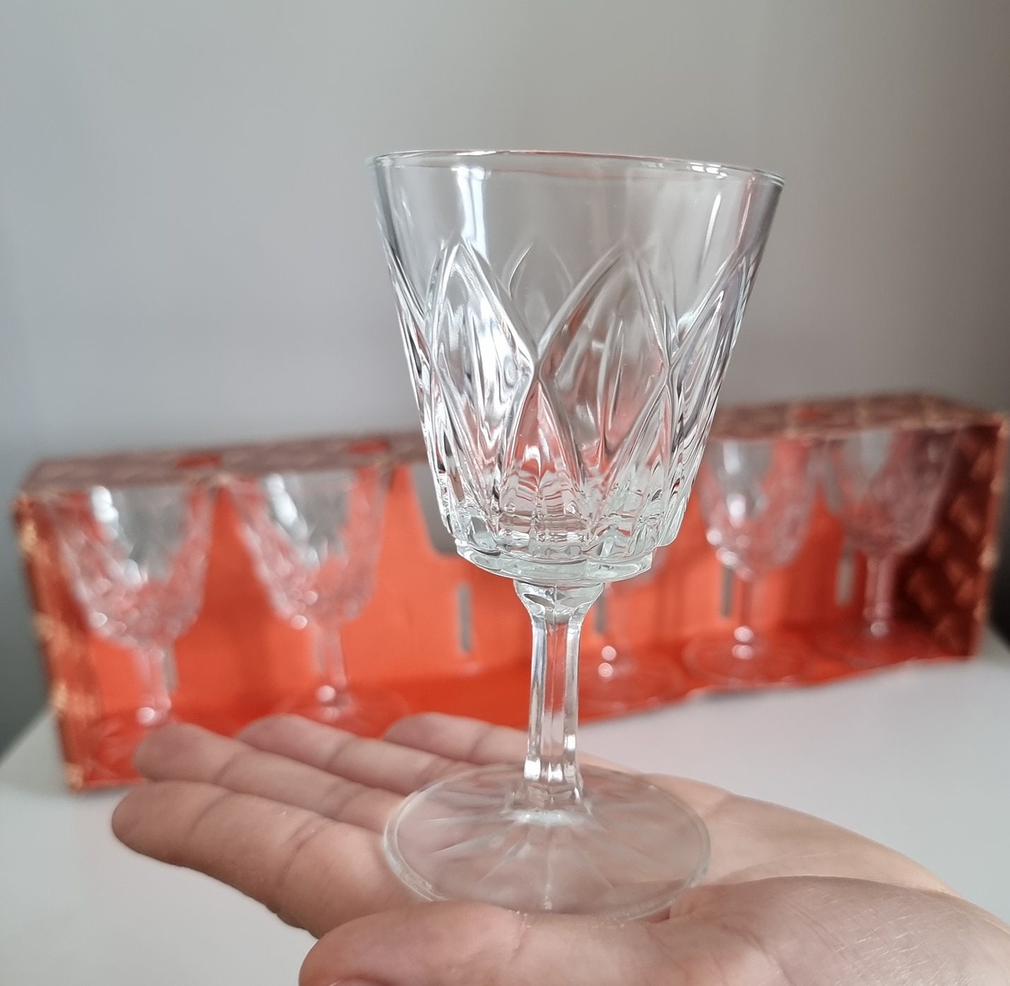 Vintage Set Of Six VMC Reims France Cut Crystal Aperitif Liqueur Sherry Port Glasses