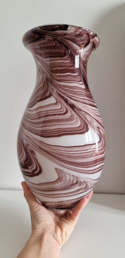 Vintage Maroon & White Wave/Marble Effect Glass Art Vase