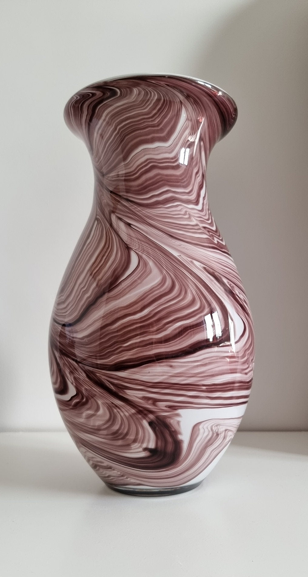 Vintage Maroon & White Wave/Marble Effect Glass Art Vase