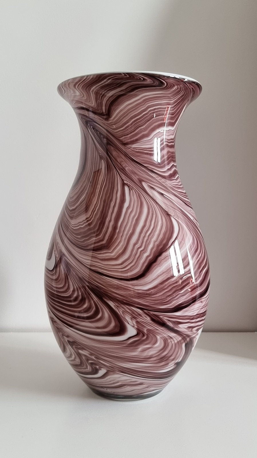 Vintage Maroon & White Wave/Marble Effect Glass Art Vase