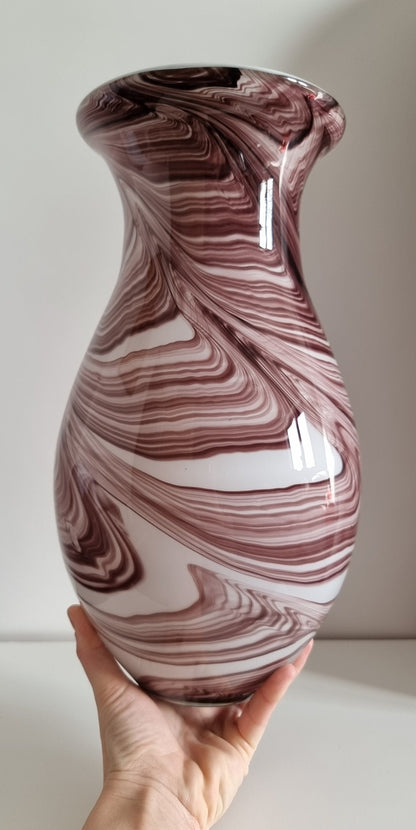 Vintage Maroon & White Wave/Marble Effect Glass Art Vase