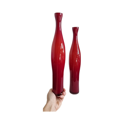 Pair Of Mid-Century Tall Cased Art Glass Bud Vases In Deep Red