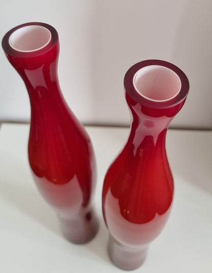 Pair Of Mid-Century Tall Cased Art Glass Bud Vases In Deep Red