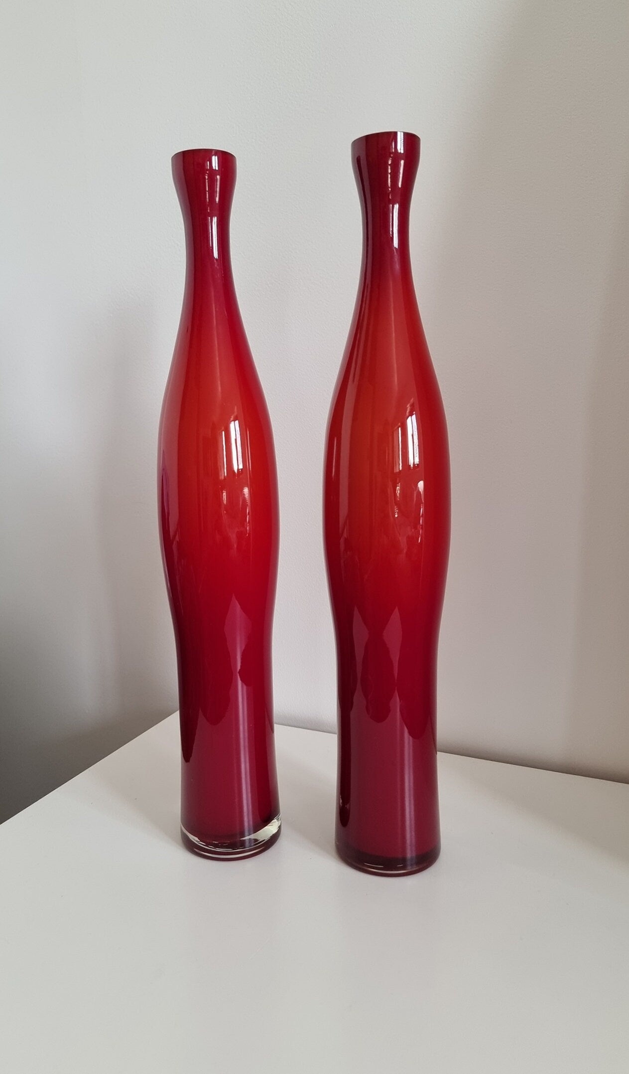 Pair Of Mid-Century Tall Cased Art Glass Bud Vases In Deep Red