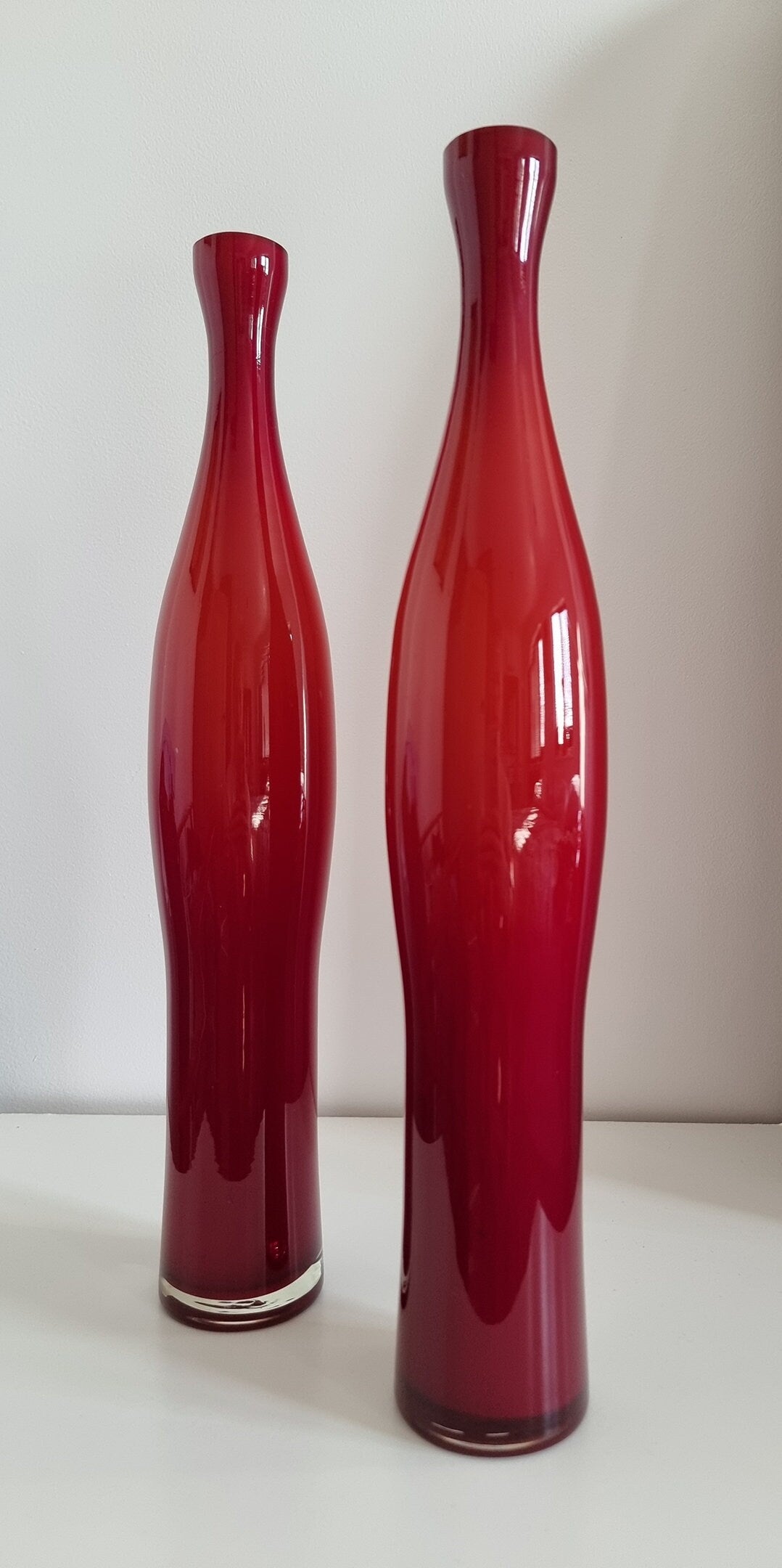 Pair Of Mid-Century Tall Cased Art Glass Bud Vases In Deep Red