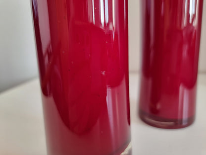 Pair Of Mid-Century Tall Cased Art Glass Bud Vases In Deep Red