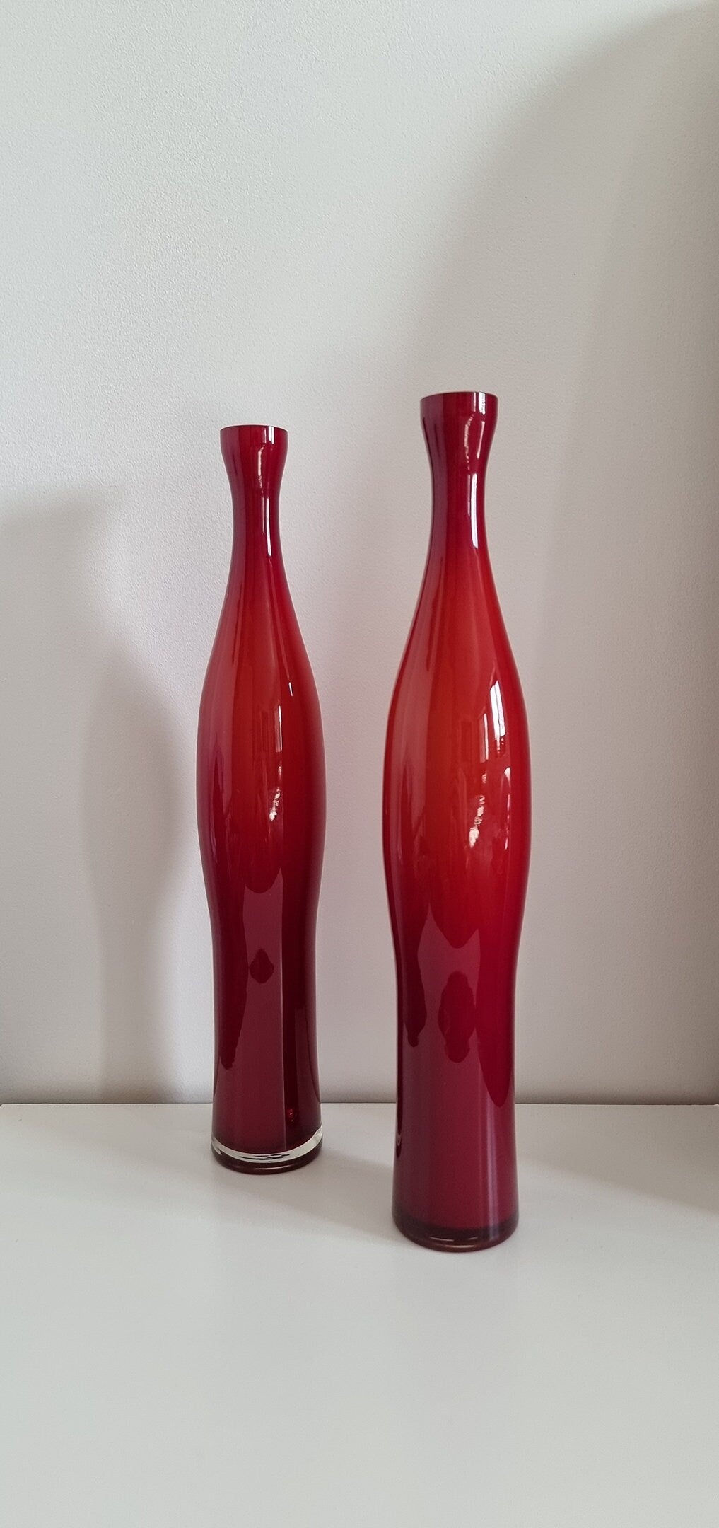 Pair Of Mid-Century Tall Cased Art Glass Bud Vases In Deep Red