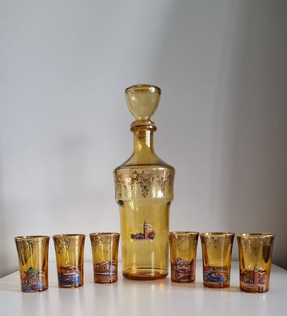 Mid-Century Venetian Amber Glass Decanter & Shot Glasses