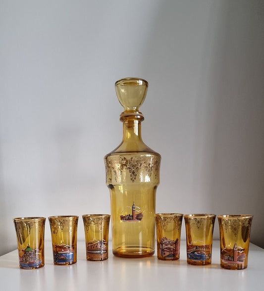 Mid-Century Venetian Amber Glass Decanter & Shot Glasses