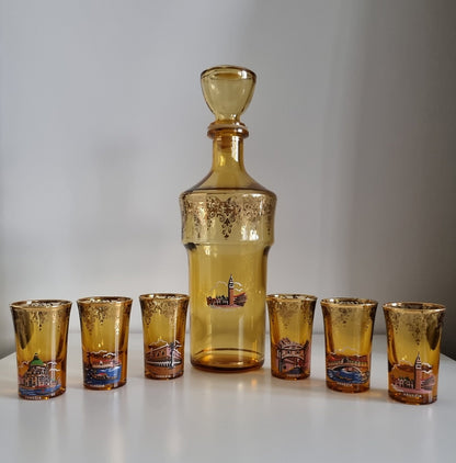 Mid-Century Venetian Amber Glass Decanter & Shot Glasses