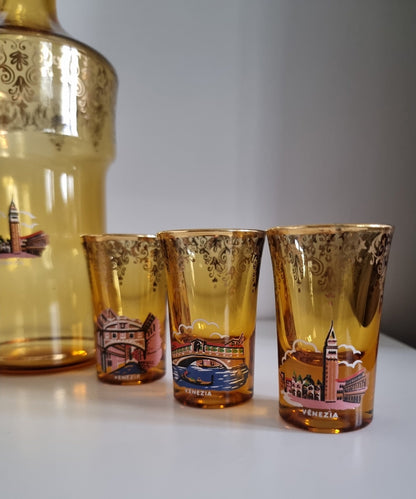 Mid-Century Venetian Amber Glass Decanter & Shot Glasses