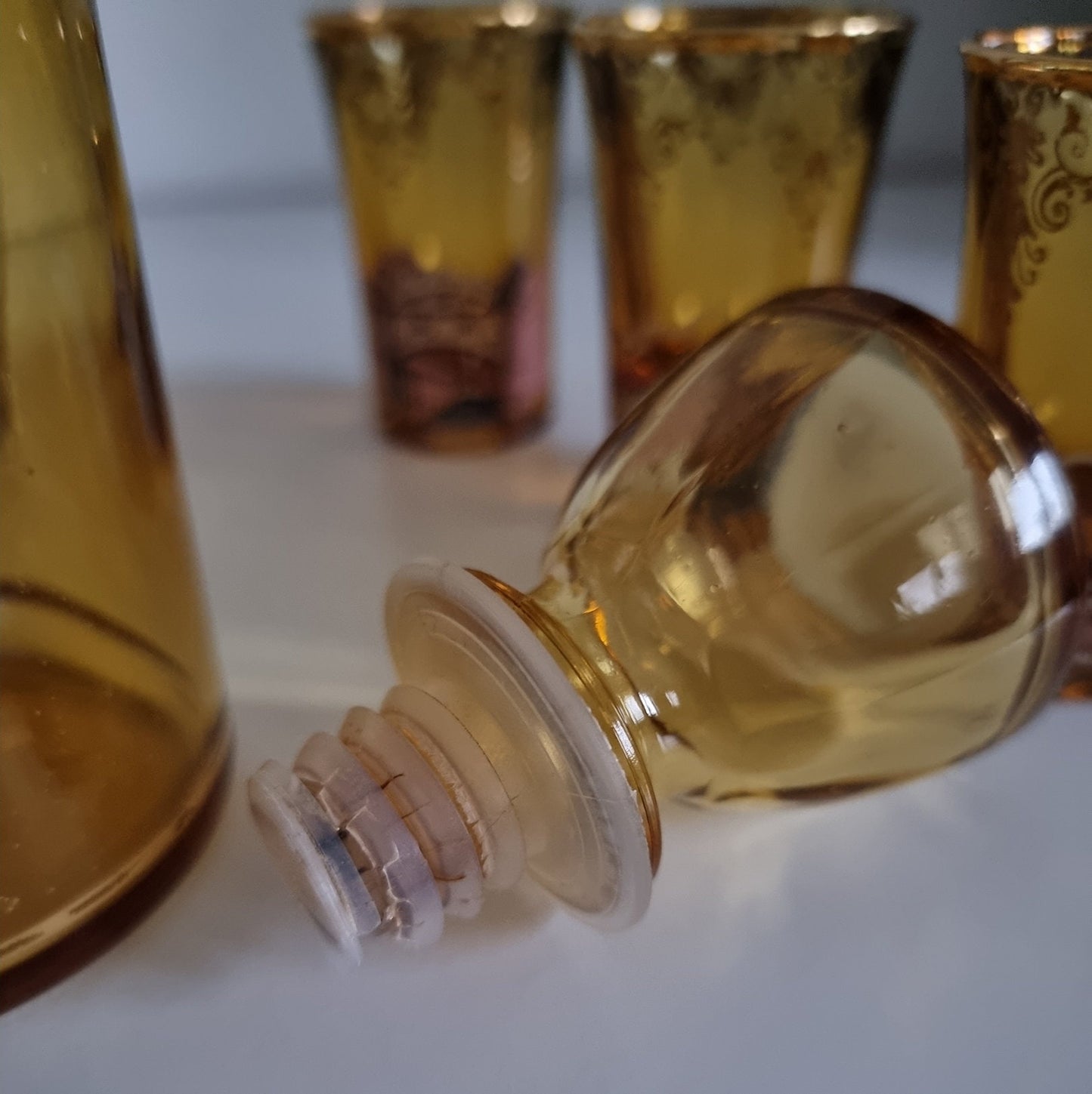 Mid-Century Venetian Amber Glass Decanter & Shot Glasses