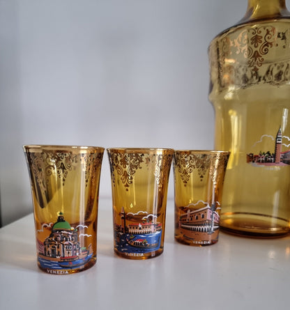 Mid-Century Venetian Amber Glass Decanter & Shot Glasses