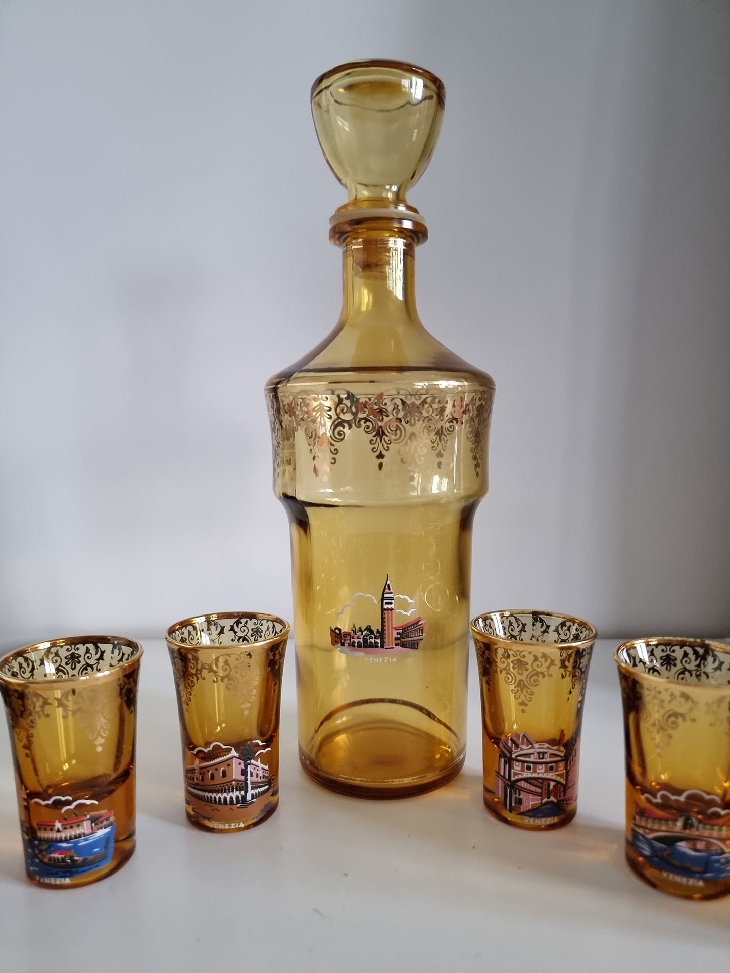 Mid-Century Venetian Amber Glass Decanter & Shot Glasses