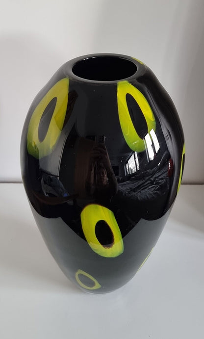 Large Vintage Black & Lime Glass Art Vase