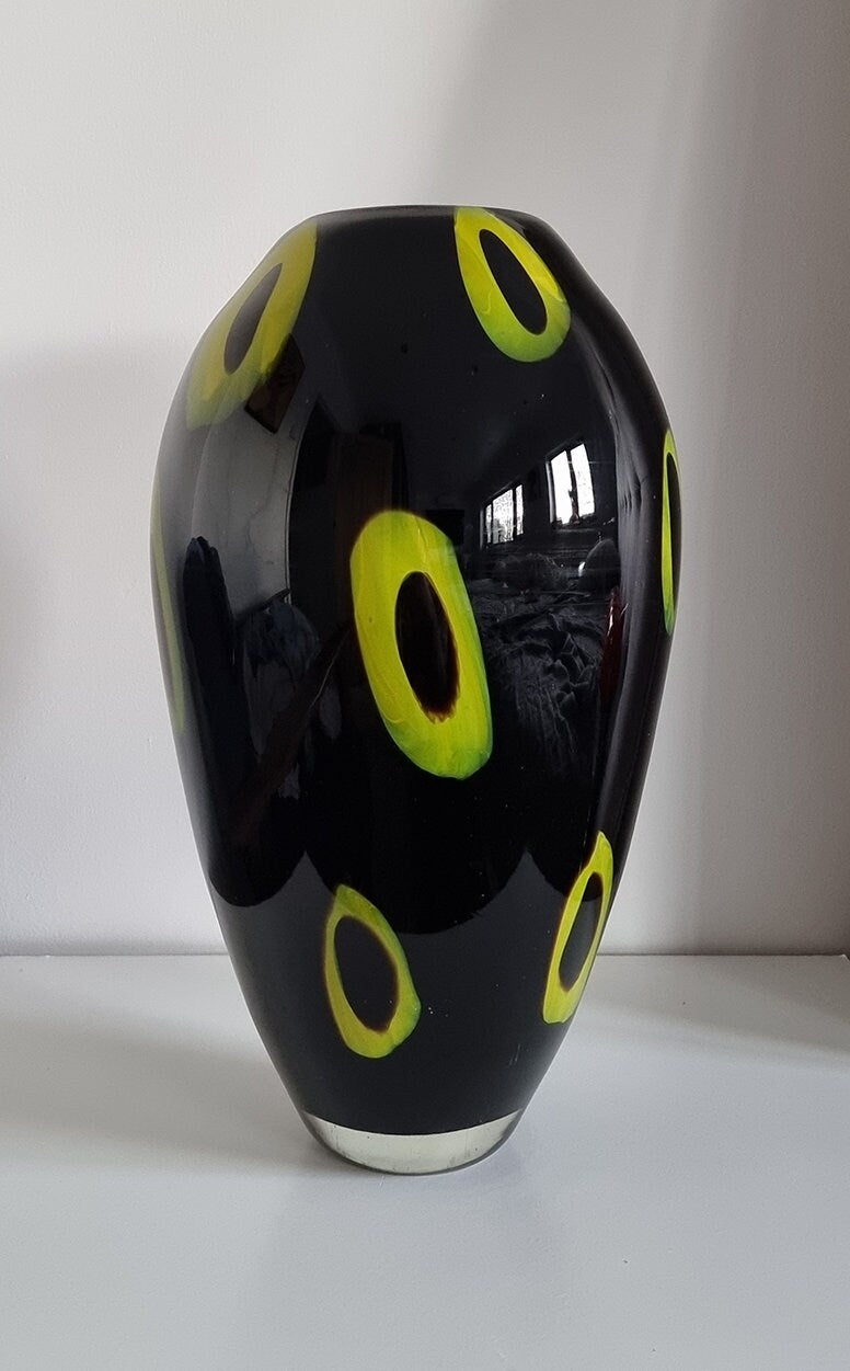 Large Vintage Black & Lime Glass Art Vase